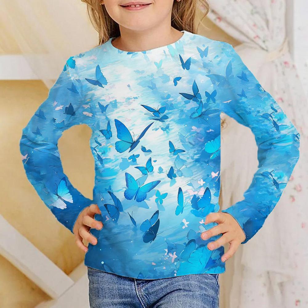 Children's Butterfly Pattern 3D Digital Printing Girl's Casual and Comfortable Round Neck Long Sleeve T-shirt