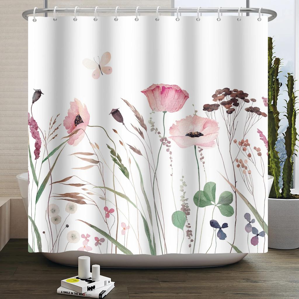 Watercolor Floral Shower Curtain for Bathroom Spring Elegant Flower Printed Bath Curtain Botanical Wildflower Bathroom Decor