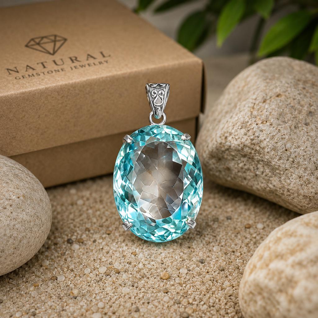 Naturalny Niebieski Topaz Owalny Wisiorek ze Srebra Próby 925, 114 Karatów