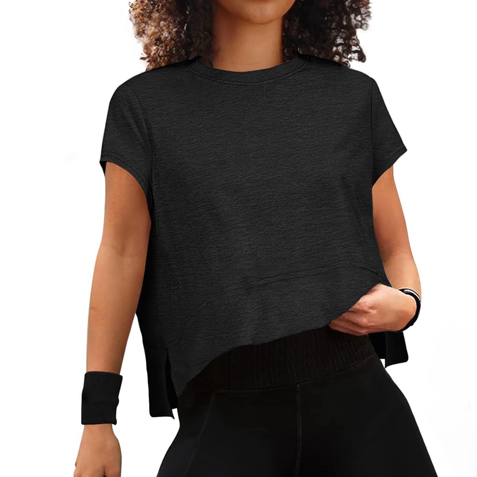 

Женские летние укороченные топы с короткими рукавами и боковыми разрезами, спортивные футболки для занятий йогой в тренажерном зале L чёрный