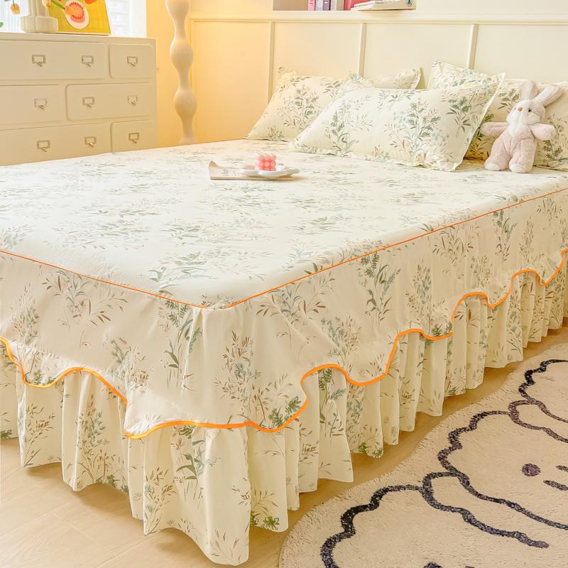 Printed Bed Skirt with Pillowcase Queen Size Bed Cover Set Ruffles Mattress Protector Home Bed Linen Soft Bedspread Jupe De Lit