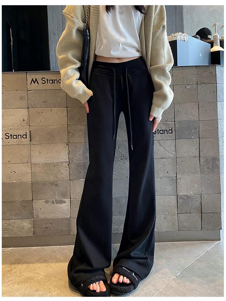 Women's Gray Low-Waist Flare Pants - 2025 Spring Drawstring Casual Slimming Straight Leg Trousers