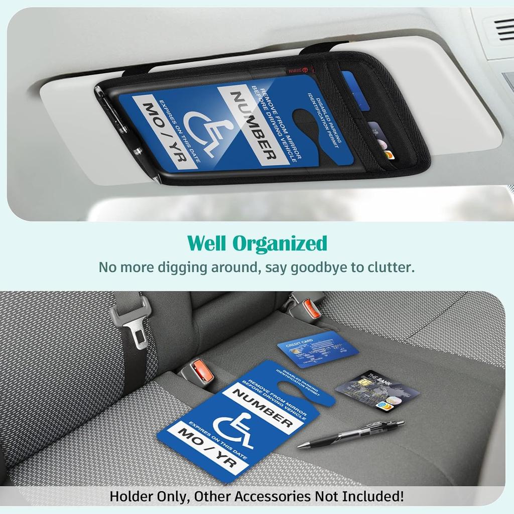 SITHON Handicap Placard Holder For Car Visor, Disabled Parking Permit Sign Protector With Pen Holder, Card Slots And Elastic Strap, Black