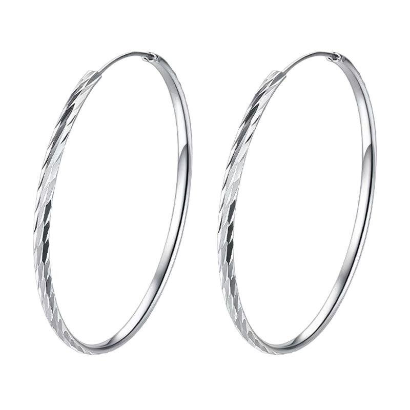 Sterling Silver Three-Sided Floral Carved Hoop Earrings - Women's Exaggerated Fashionable Round Ornaments