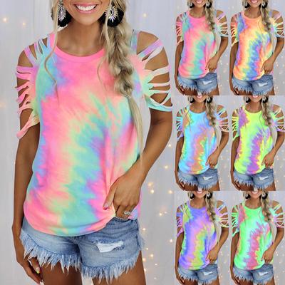 Women Fashion Tie Dye Printed  Tearing Short-sleeved Off-the-shoulder Casual T-shirt