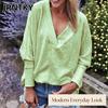 JPNTKY Women's Fashion Casual Solid Color Print Long Sleeve V Neck Blouses & Shirts