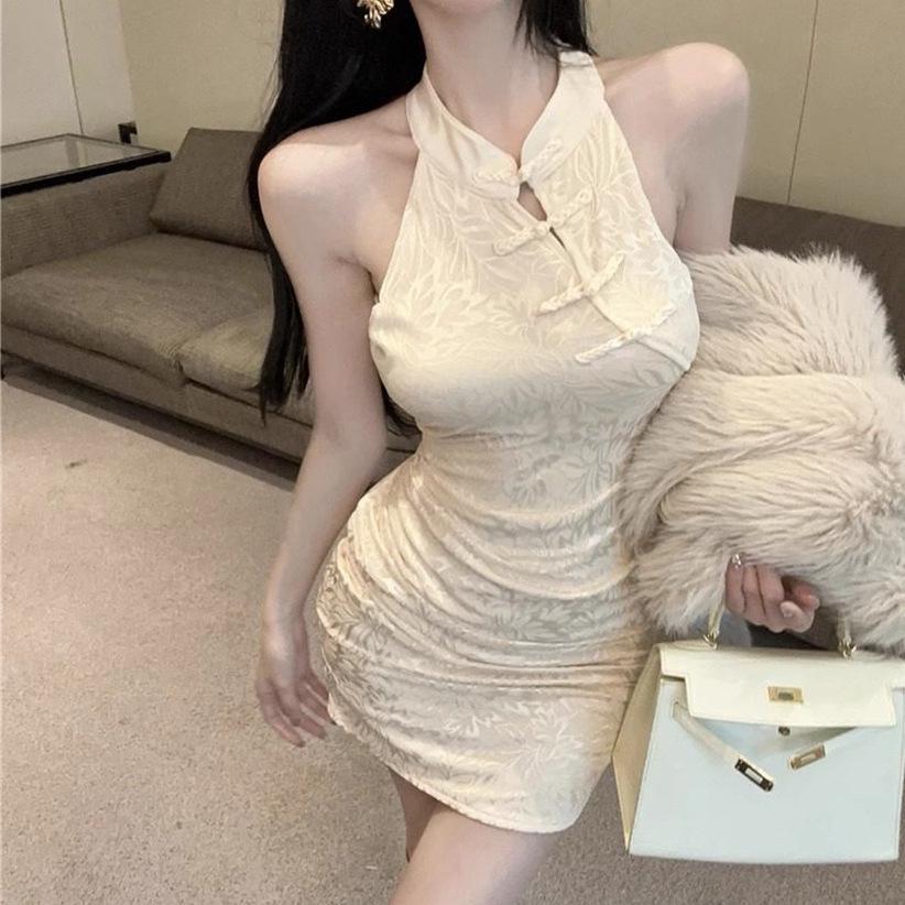 Petite High-Waisted Halter Cheongsam Bodycon Dress for Women