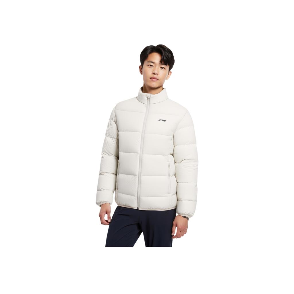 Li-Ning Comfortable Simple Versatile Solid Color Zipper Stand Collar Short Down Jacket Unisex Outerwear Gravel-White-Gray AYMV093-4