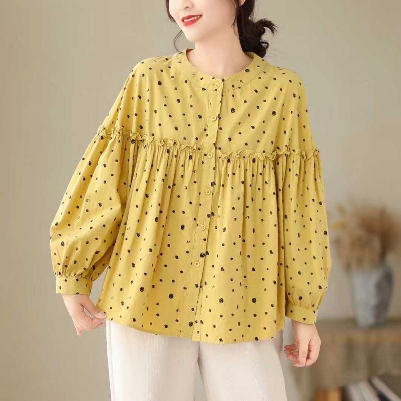 Spring 2026 Women's Polka Dot Lace Stand Collar Cardigan Shirt