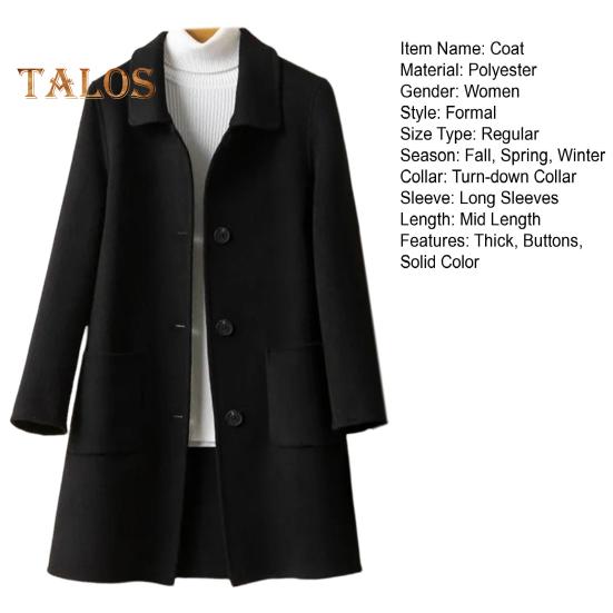 Women Winter Coat Formal Business Style Turn-down Collar Single-breasted Mid Length Overcoat OL Commuting Jacket Solid Color Thick Outerwear