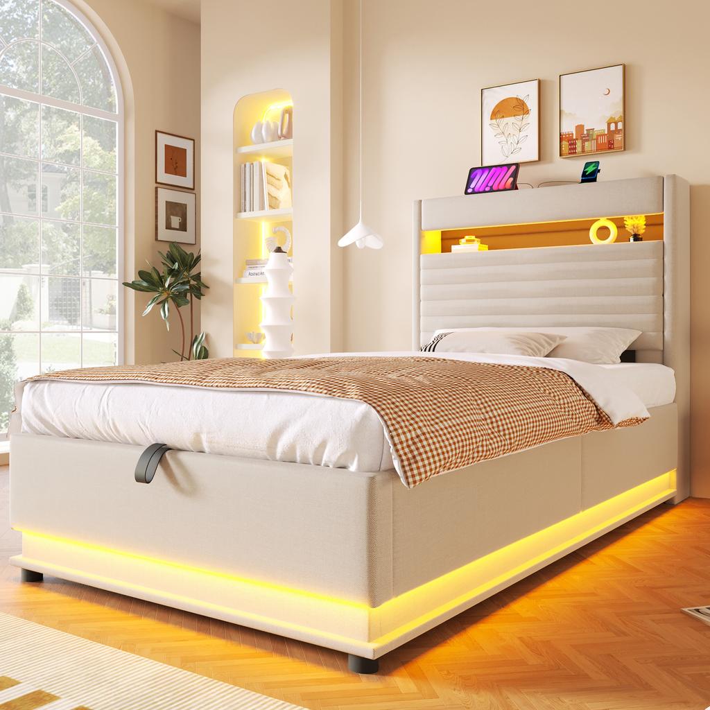 Upholstered Bed, 90x200cm, USB Type-C Charging, LED Lighting, Hydraulic Storage, Flip-top Compartment, No Mattress, Button/App Control, Linen, Beige