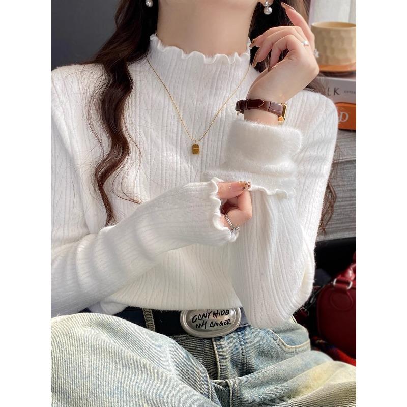 White Bottomed Shirt Women's New Autumn and Winter with Semi-turtleneck Sweater with Fungus Edge Knitted Sweater Top