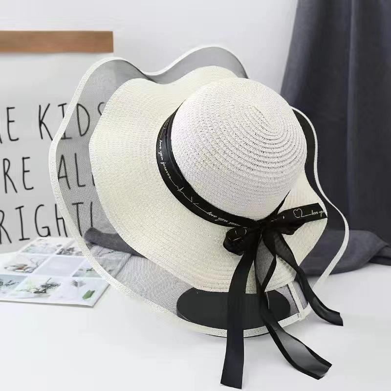 Flower Ribbon Sun Hat For Women's New Seaside Vacation Sweet Lace Sun Hat Summer Big Brim Straw Hat