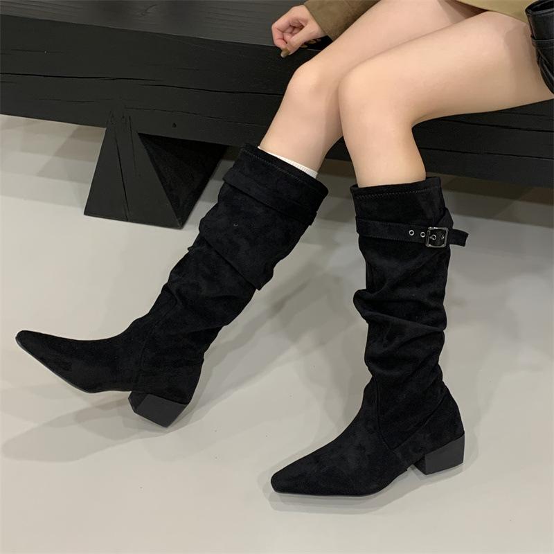 Rich and noble, pointed thick heels and thin boots, stacked boots, belt buckle, Korean pleated high-heeled boots, thin boots