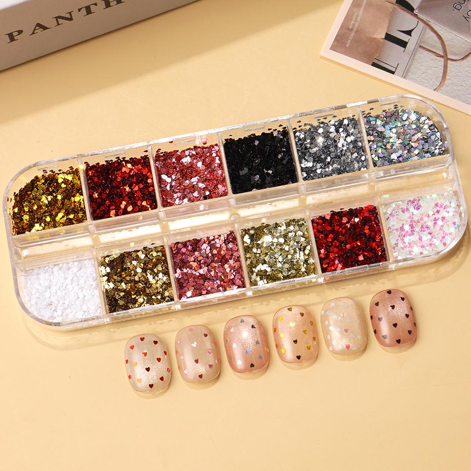 Xiaomi 12 Grids Red Mini Heart Nail Art Sequins Glitter Love Heart Shape Nail Flakes Valentines Charms Nail Art Decorations Manicure