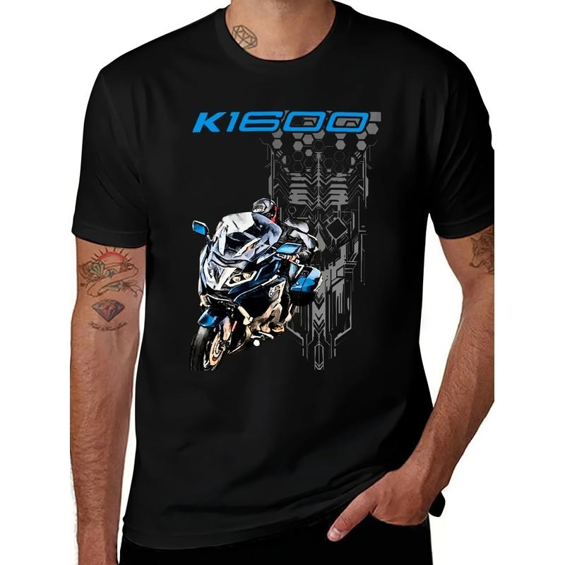 Men' K1600 GT Touring Skull Motorcycle T-Shirt - Heavyweight Compression Shirt, Plus Size Round Neck Casual Tee With Iconic Motorbike Print, Machine