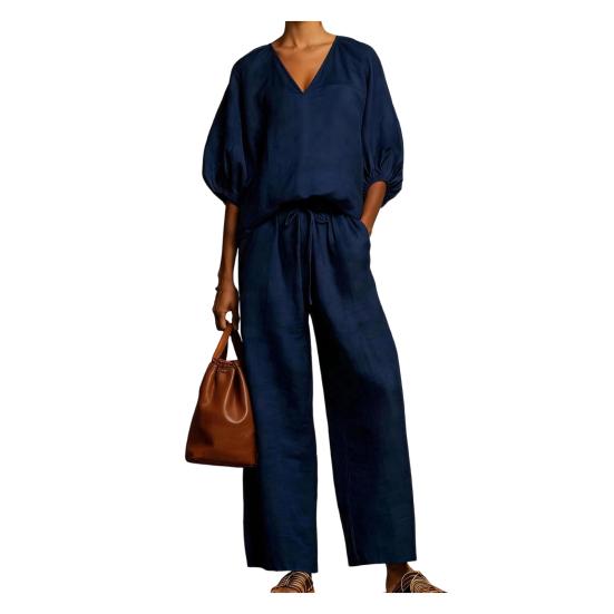 

Women s Casual 2 Piece Lounge Sets Puff Half Sleeve V Neck Top And Wide Leg Pants Travel Vacation Outfits with Pockets M синий