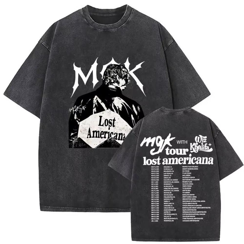 Vintage Washed MGK Lost Americana Tour Print Tshirts Men Women Harajuku High Quality Fashion Oversized Cotton T Shirt
