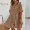 Women's Short Sleeve Shirt Dress Lapel V Neck Button Down Swing Dress Summer Casual Flowy Beach Sundress