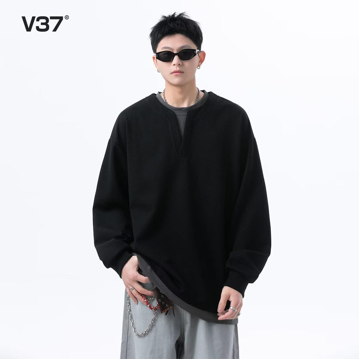 

Мужская толстовка из двух частей с имитацией вафельного джемпера, весенний свободный топ с круглым вырезом и длинными рукавами, мужская повседневная универсальная куртка, модная весна и осень 3XL чёрный