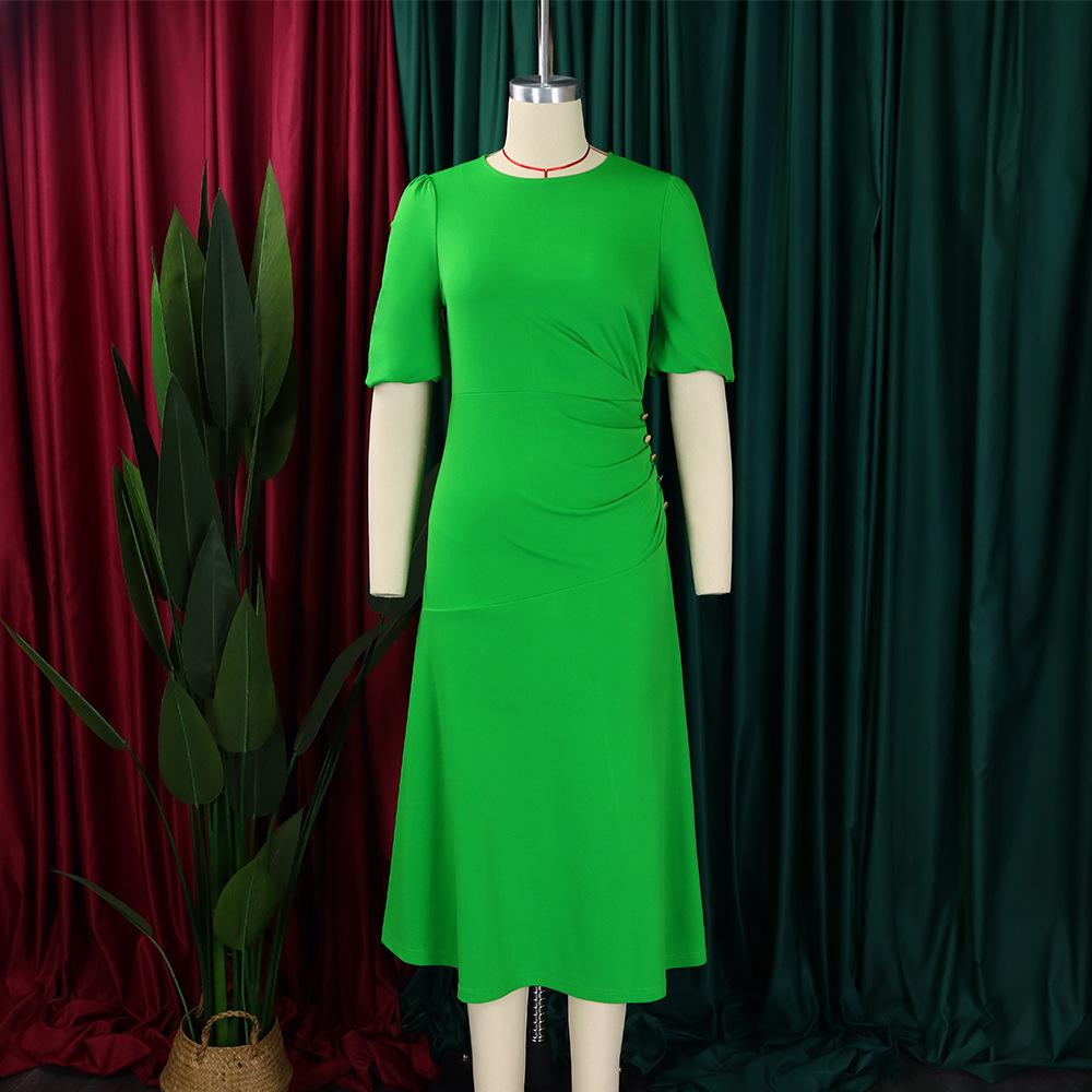 Summer Women's Dress Plus Size Solid Color Round Neck Bubble Sleeve Slim Waist Dresses
