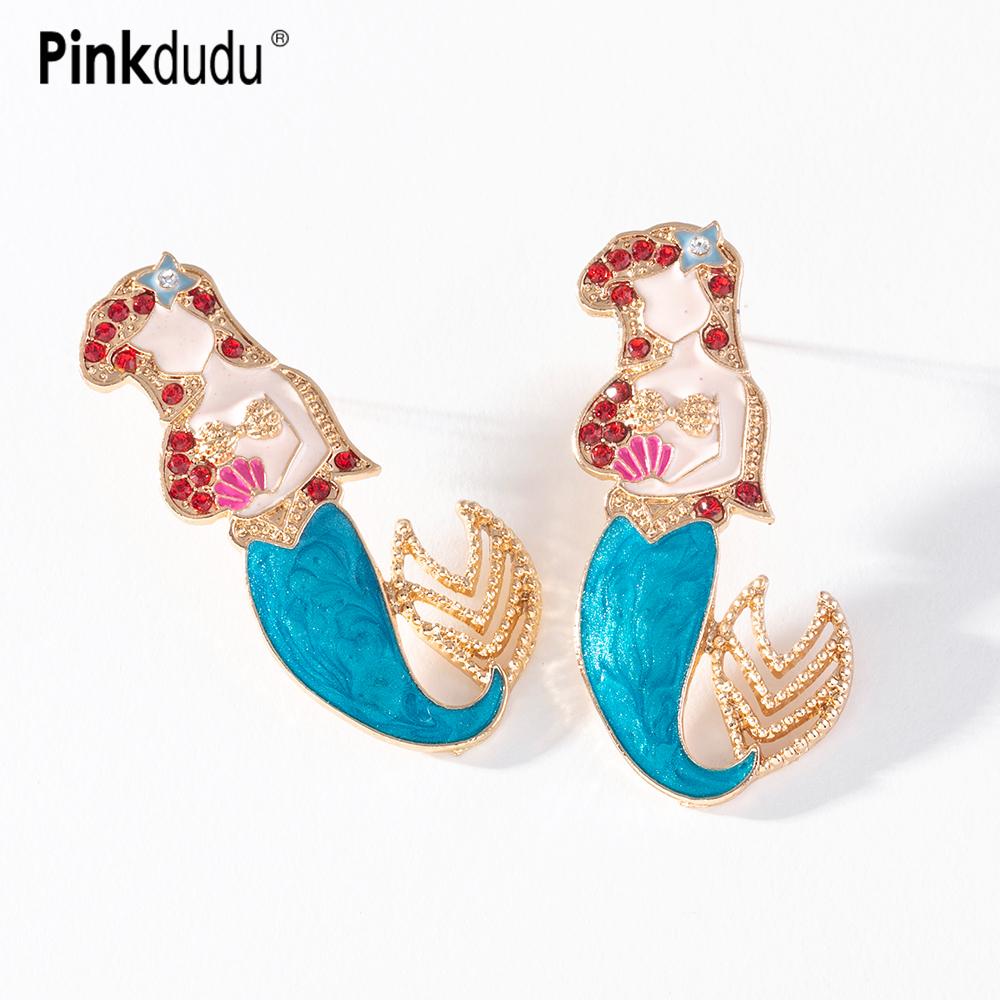 Pinkdudu Mermaid Enamel Earrings  Whimsical Shell & Red Crystal Drops Hand-Painted Fairy Tale Jewelry PD1475