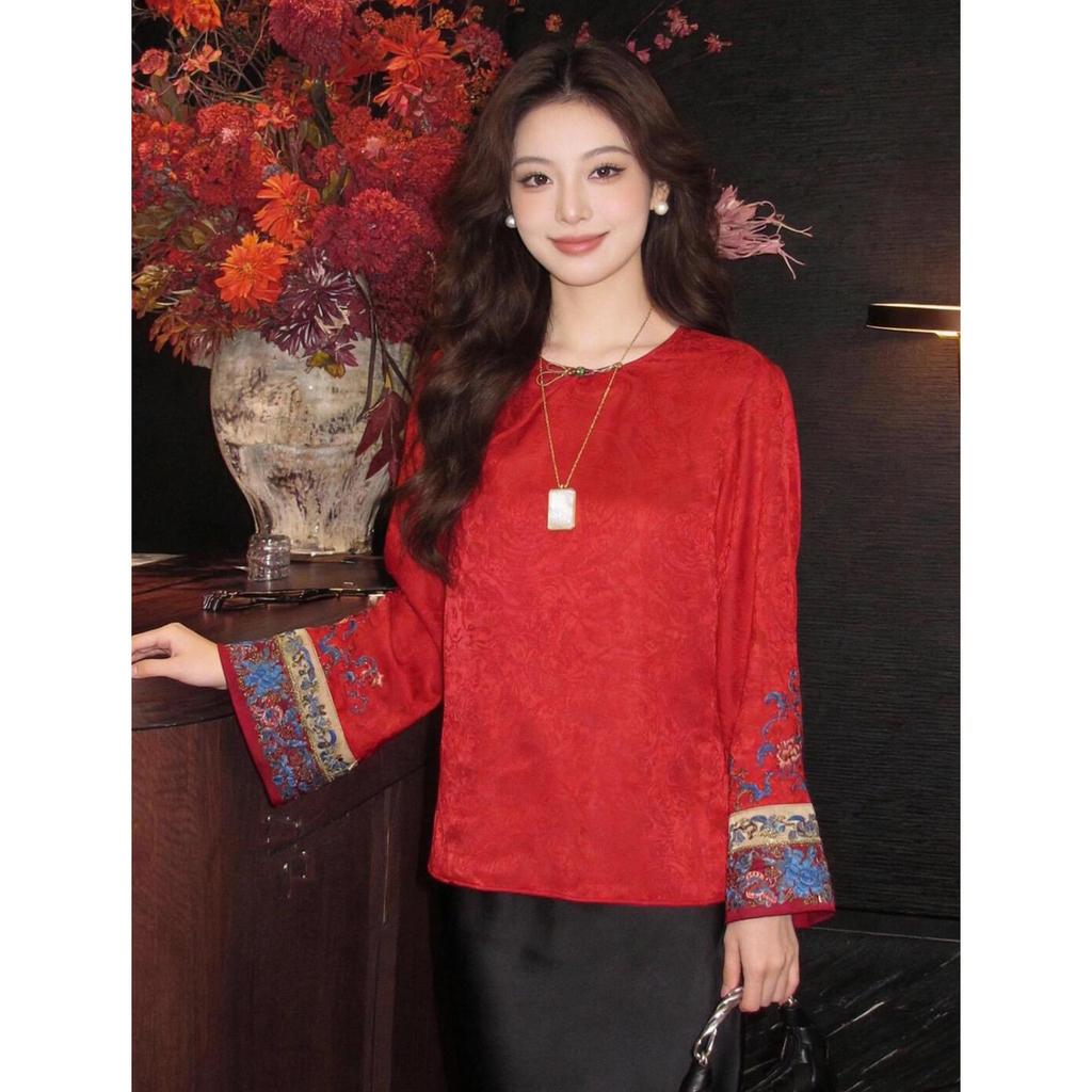Rong Tai Women's 2026 Spring Frog Button Silk Jacquard Long Sleeve Shirt - Slimming Chinese Style Top