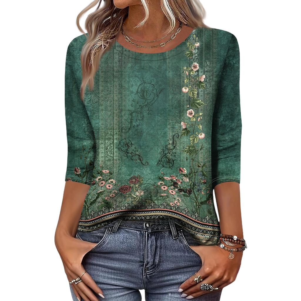 Women's Fashion Casual Round Neck 3/4 Sleeve Loose Printed T-Shirt Ladies Top