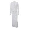 Sexy White Lace Printed Maxi Dress For Women See-Through Hollow Out Full Sleeve V Neck Slit Slim Long Dress Party Club Outfit