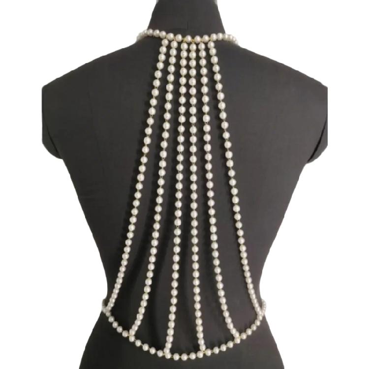 Alluring Pearls And Gold Alloy Body Chain Necklace Designed For Women Seeking To Stand Out At Social Gatherings