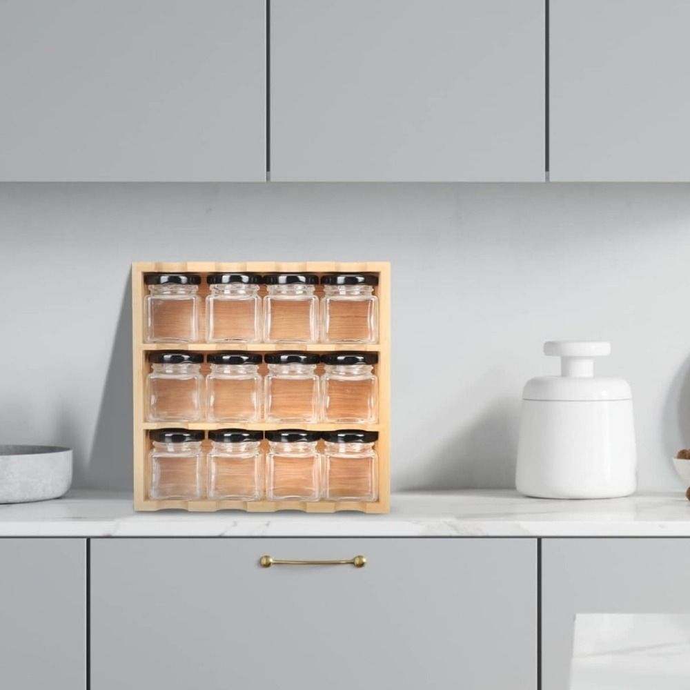 Wooden 12 Grids Spice Rack Space Saving Large Capacity Condiment Storage Shelf with Storage Jars Spice Organizer For Kitchen
