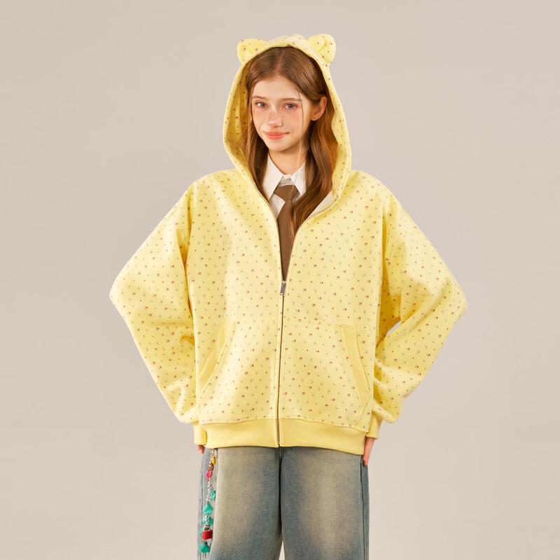 BEETLE TOWN Women s Floral Print Hooded Zip-Up Cardigan L