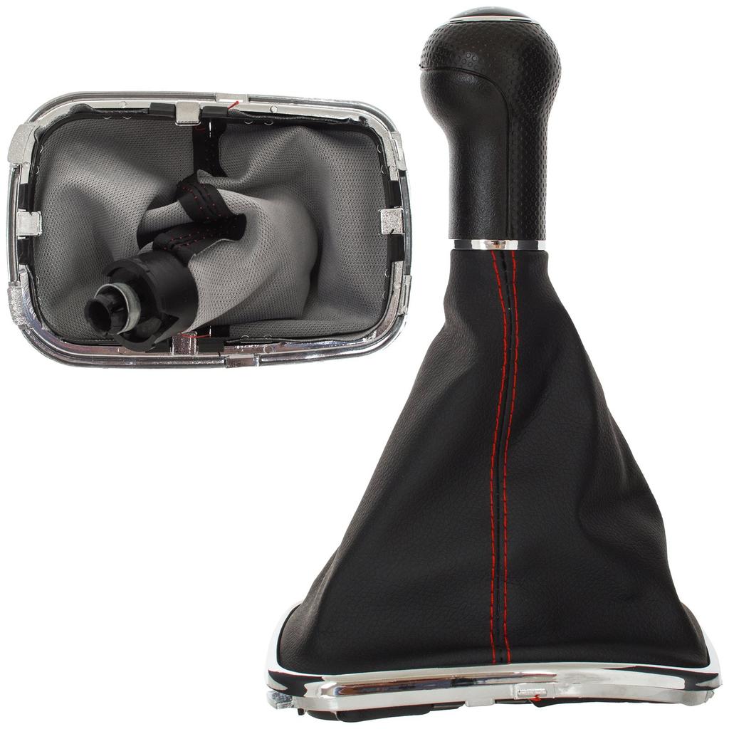 VW Golf IV 97-03 Gear Shift Knob With Boot, Red Stitch & Chrome Frame, 5-Speed, 12mm Hole