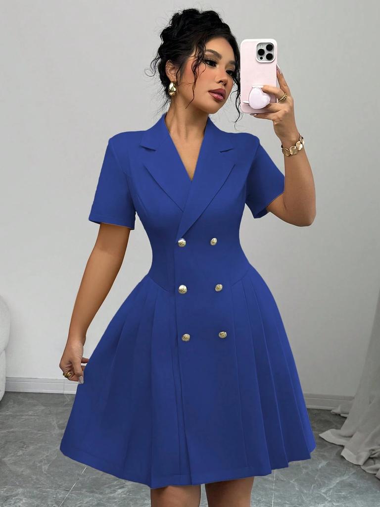 Imported Women's Dress, Waist-Defined Double-Button Gown