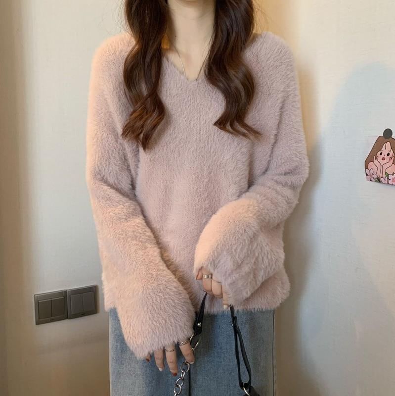 Winter Women's Clothing Knitted Sweater Soft Sticky V-neck Pullover Top Long Sleeve O Neck Loose Mink Fur Pullovers