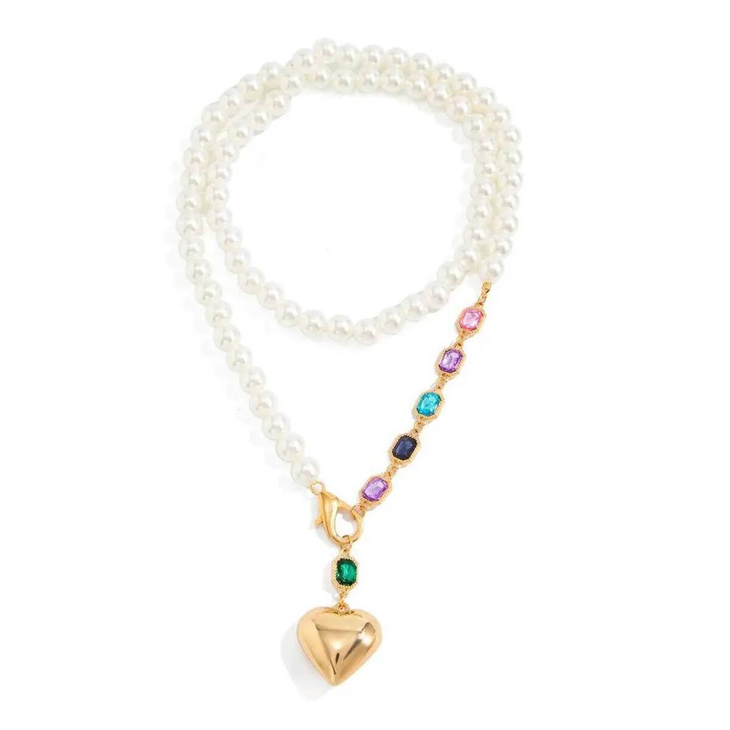 IngeSight.Z Elegant Imitation Pearl Colorful Acrylic Metal Big Heart Shape Pendant Necklace for Women Fashion Boho Jewelry Gifts