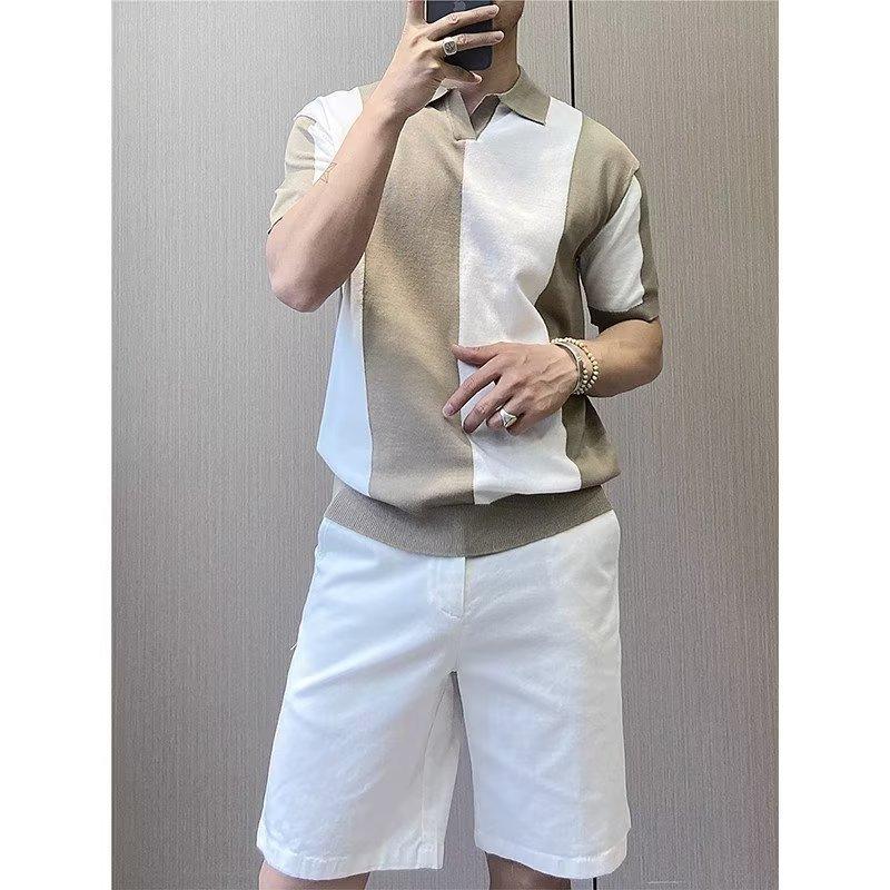 Ice Silk Short Sleeve T-Shirt for Men Korean Style Trendy New Summer Color-Block Personality Tee Slim Fit Knitted Round Neck Short T-Shirt for Men