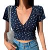 Women Summer Top V Neck Short Sleeve Waist-exposed Small Flower Print Pullover Soft Breathable Retro Slim Fit Lady Sweet T-shirt