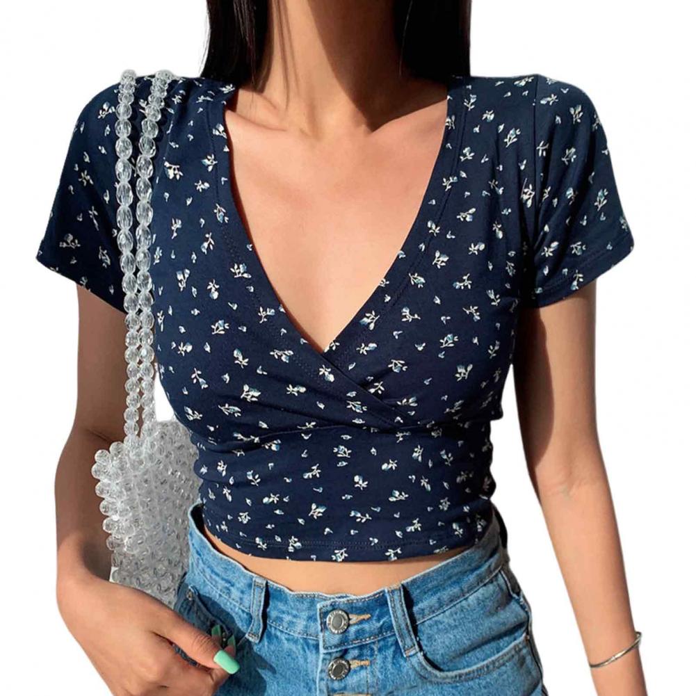 Women Summer Top V Neck Short Sleeve Waist-exposed Small Flower Print Pullover Soft Breathable Retro Slim Fit Lady Sweet T-shirt