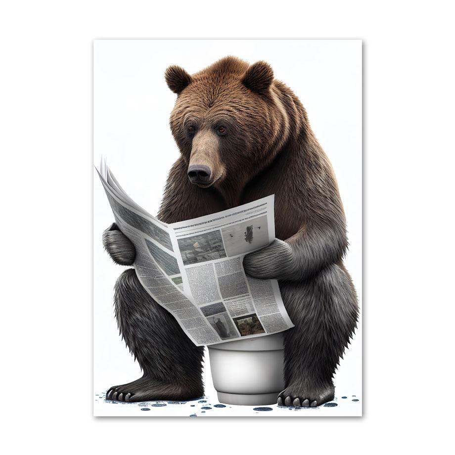Lion Rabbit Bear Sitting On The Toilet Reading A Newspaper Posters And Print Wall Art Canvas Painting Funny Bathroom Humor Decor