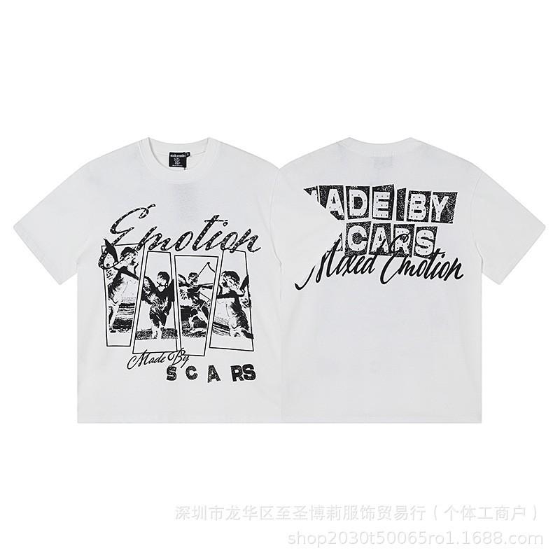 Unisex Vintage American Style Loose Fit Cotton Tee With Embellished Letter Print Round Neck Short Sleeve