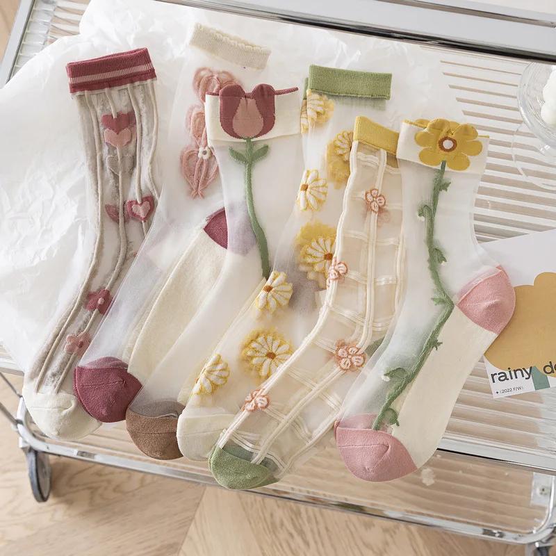 See Through Transparent Nylon Long Socks Women Summer Ultra-thin Breathable Crystal Silk Socks Embroidery Floral Cute Lace Socks