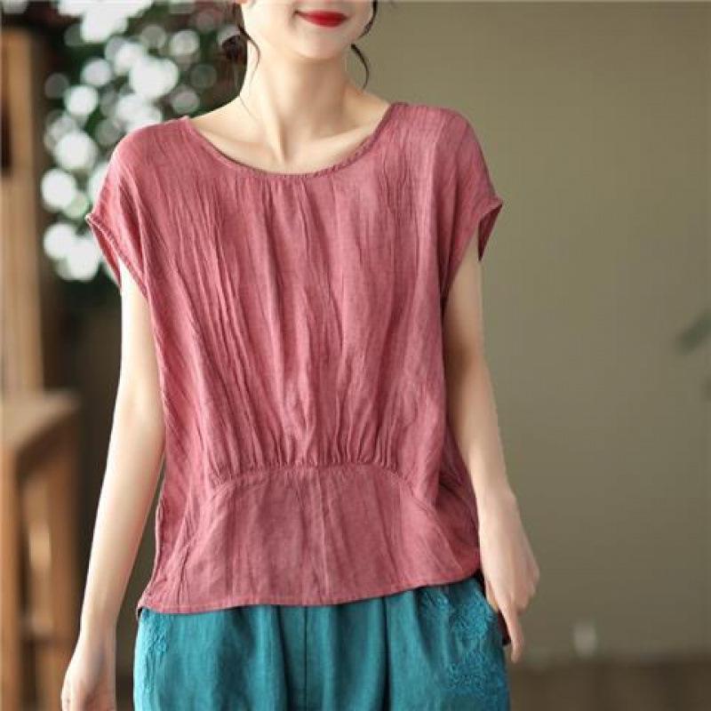 Women's Stylish Summer 2026 Solid Color Tencel Shirt - Loose Fit, Round Neck, Short Sleeves