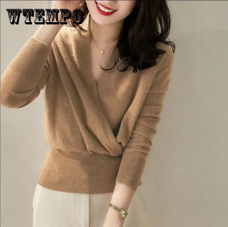 

Осенне-зимний женский свитер с v-образным вырезом-перекрестком, элегантный темпераментный нежный вязаный свитер, повседневная свободная рубашка с универсальной талией