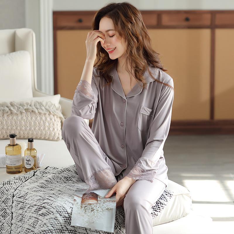 

Pajamas women s spring and autumn thin long-sleeved soft and sexy lace women s Modal loungewear can go out two-piece suit m recommended 40-50kg