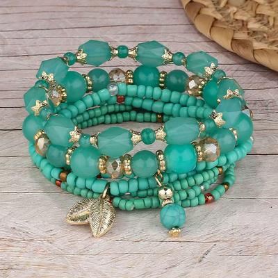 Bohemian Ethnic Layered Beaded Bracelet Set with Leaf Pendant