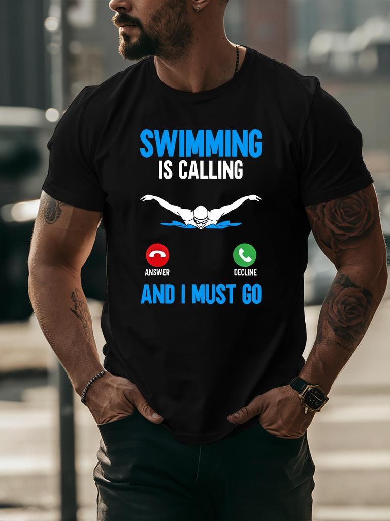 Swimming Is Calling And I Must Go Print Unisexs T Shirt Funny Swimmer Athlete Short Sleeve Crew Neck Cotton Casual Daily Tee
