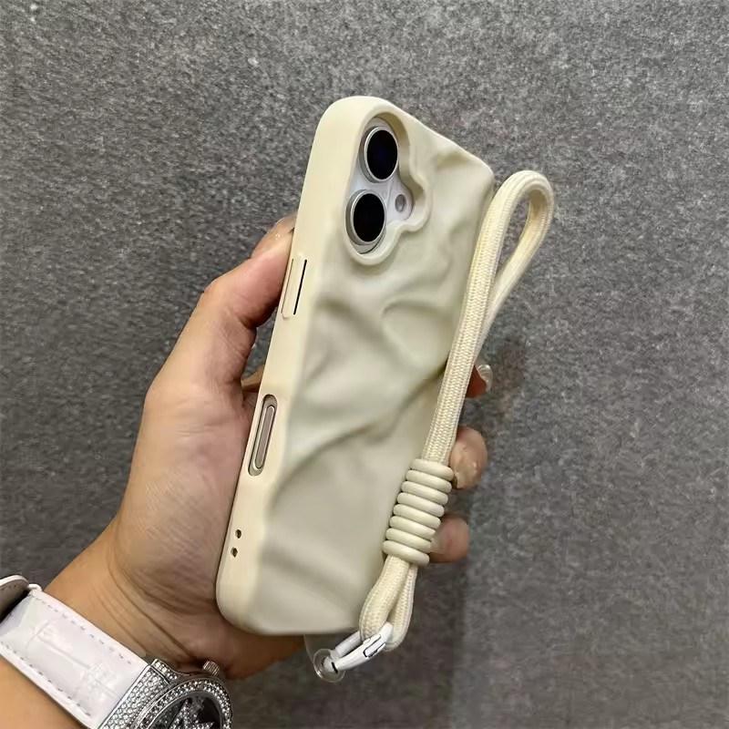 

Розкішний матовий чохол з ремінцем на зап ястя від зморшок для iPhone17 16 15 14 17 Pro Max Air 13 12 11, шнурок, однотонний хвилястий м який чохол цукеркового кольору iPhone 12 Pro Max білий