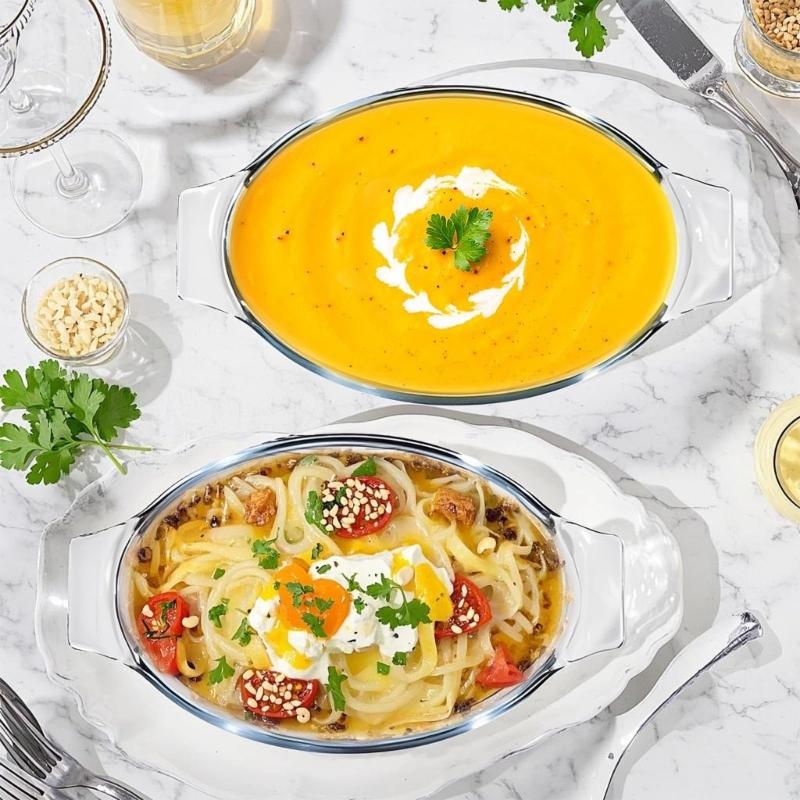 Set Of 2 Small Elliptical Glass Cookware Heat Resistant Baking Pan Oven Safe Dishes For Preparing And Serving Food
