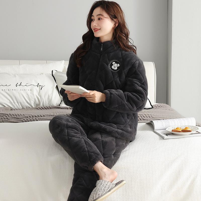 Winter Couple Pajamas Women'S Three-Layer Padded Cotton Thickened And Velvet Winter New Warm Men'S And Women'S Zipper Loungewear Set